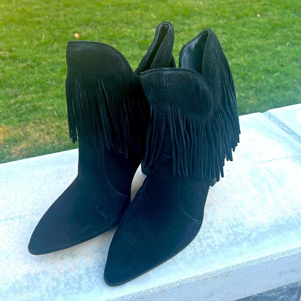 Black fringe ankle boots